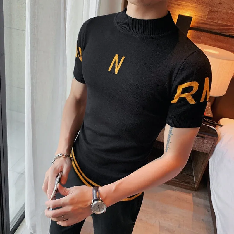 Men's Letter Print Short Sleeve Sweater Bottom Half Turtleneck Shirt