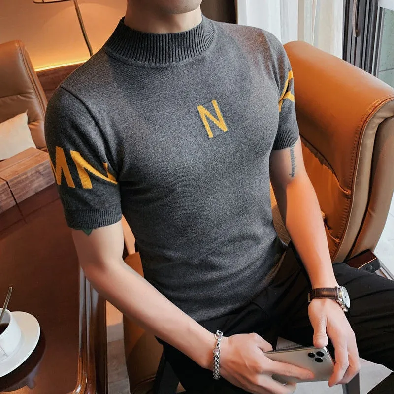 Men's Letter Print Short Sleeve Sweater Bottom Half Turtleneck Shirt