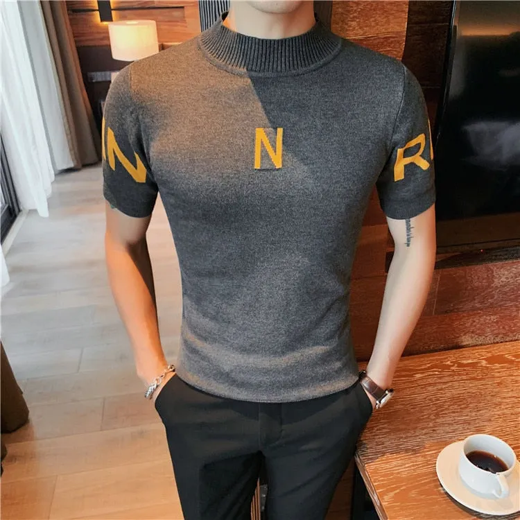 Men's Letter Print Short Sleeve Sweater Bottom Half Turtleneck Shirt