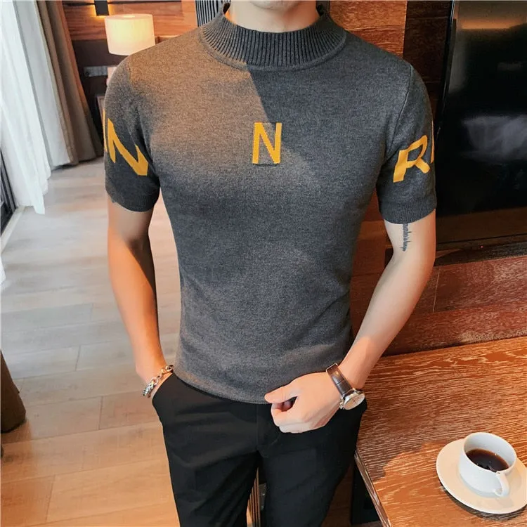 Men's Letter Print Short Sleeve Sweater Bottom Half Turtleneck Shirt