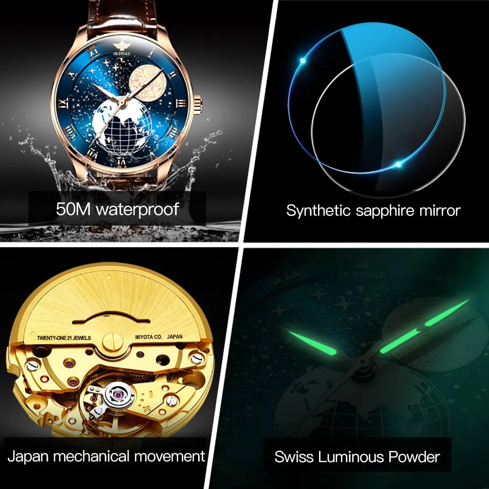 Men's Luxury Moon Phase Waterproof Automatic Mechanical Wristwatch