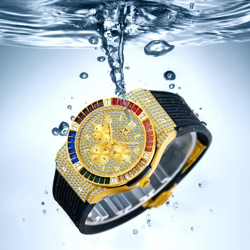 Men's Luxury Stainless Steel Rubber Strap Iced Out Quartz Wristwatch