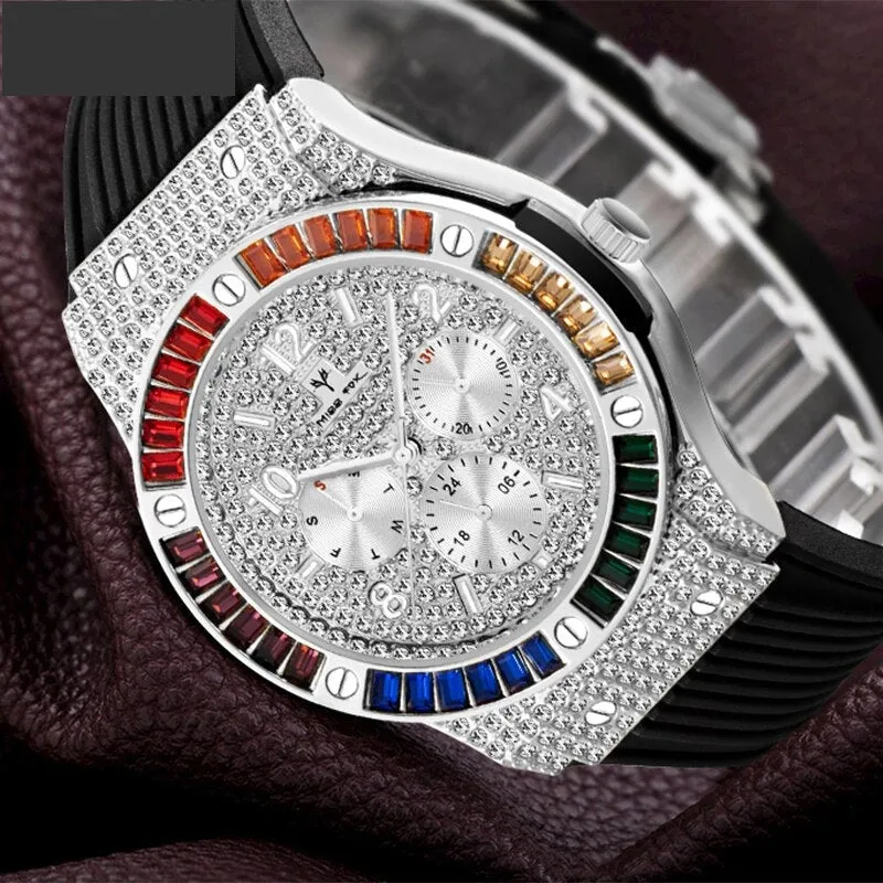 Men's Luxury Stainless Steel Rubber Strap Iced Out Quartz Wristwatch