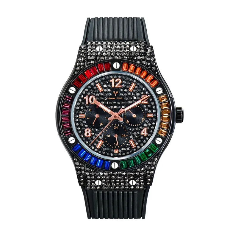 Men's Luxury Stainless Steel Rubber Strap Iced Out Quartz Wristwatch