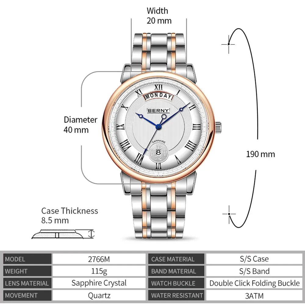 Men's Sapphire Waterproof Quartz Movement Stainless Steel Watch