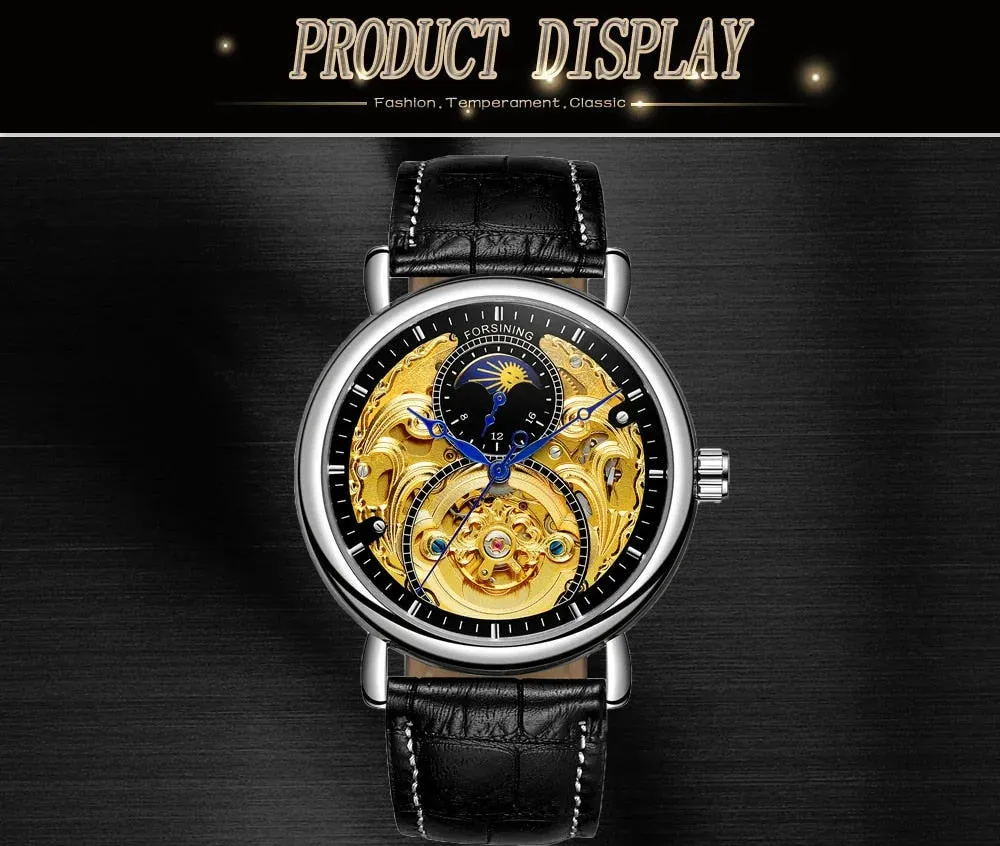 Men's Sun Moon Phase Waterproof Tourbillon Automatic Mechanical Wristwatch