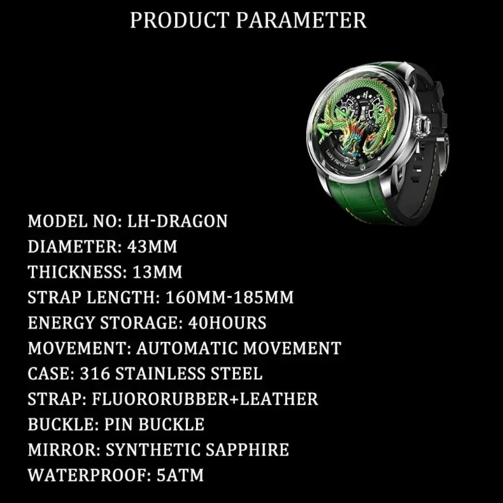 Men's Synthetic Sapphire 3D Engraving Dragon Dial Waterproof Wristwatch