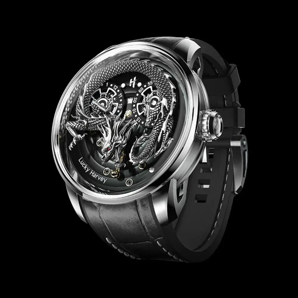 Men's Synthetic Sapphire 3D Engraving Dragon Dial Waterproof Wristwatch