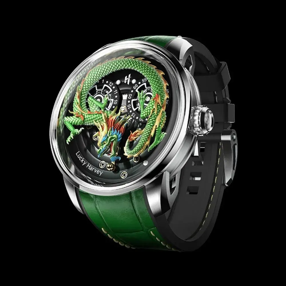 Men's Synthetic Sapphire 3D Engraving Dragon Dial Waterproof Wristwatch