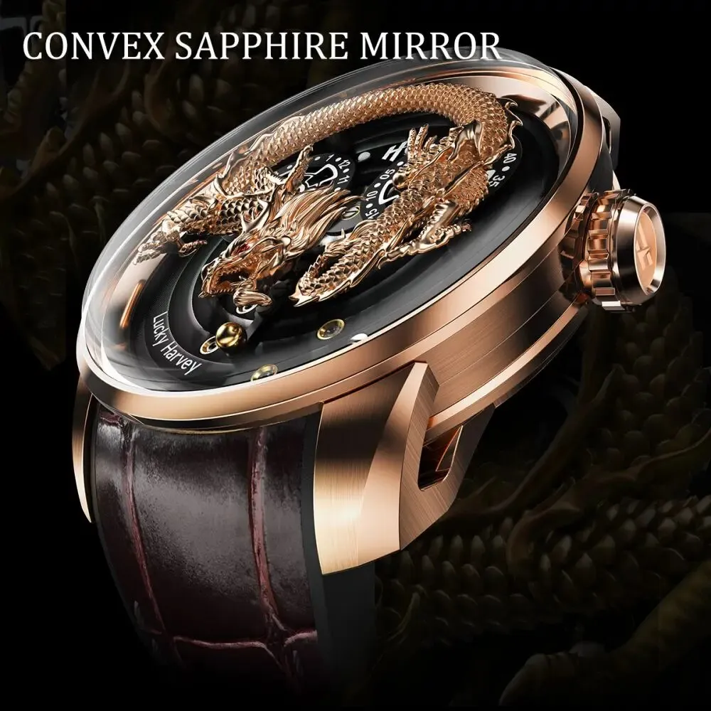 Men's Synthetic Sapphire 3D Engraving Dragon Dial Waterproof Wristwatch