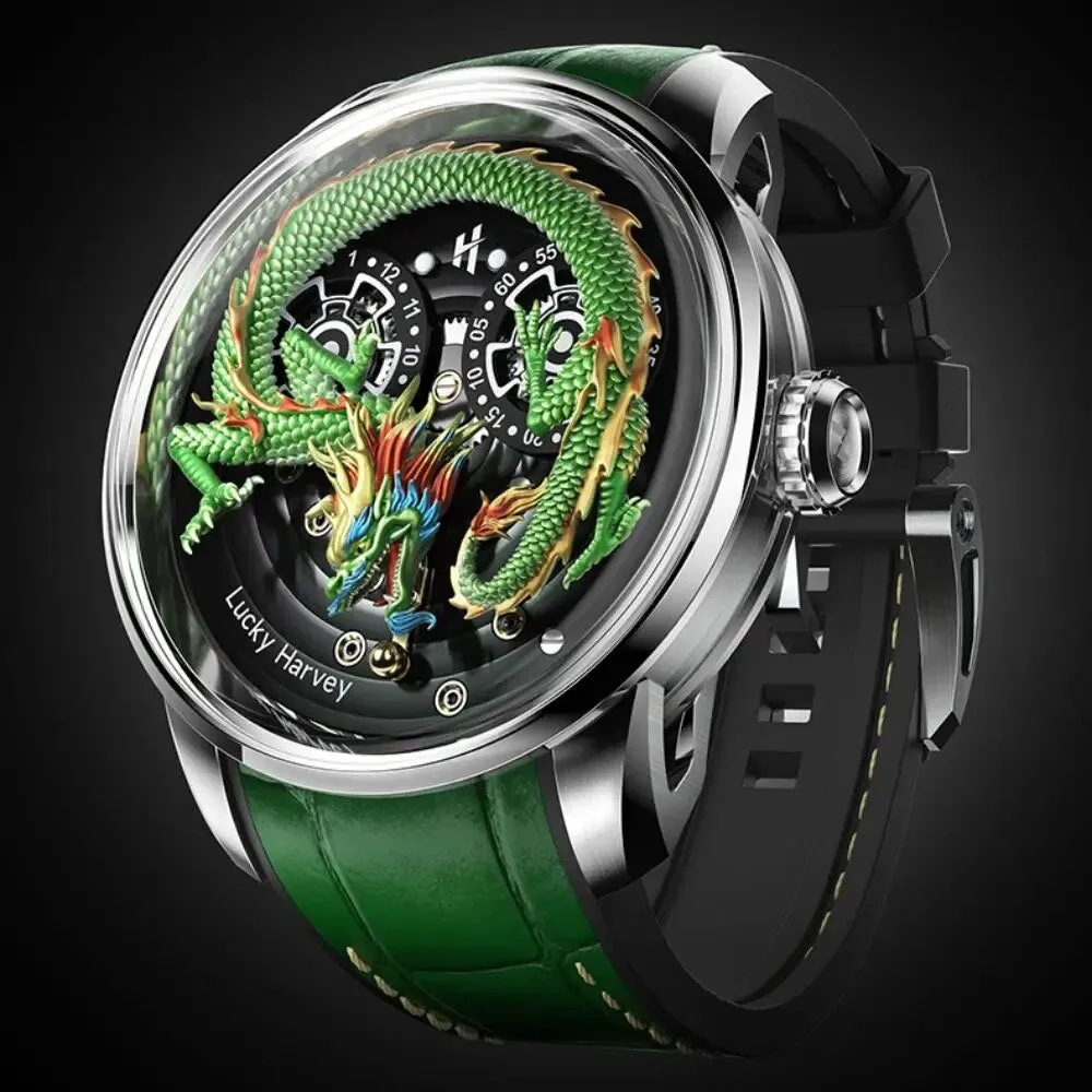 Men's Synthetic Sapphire 3D Engraving Dragon Dial Waterproof Wristwatch