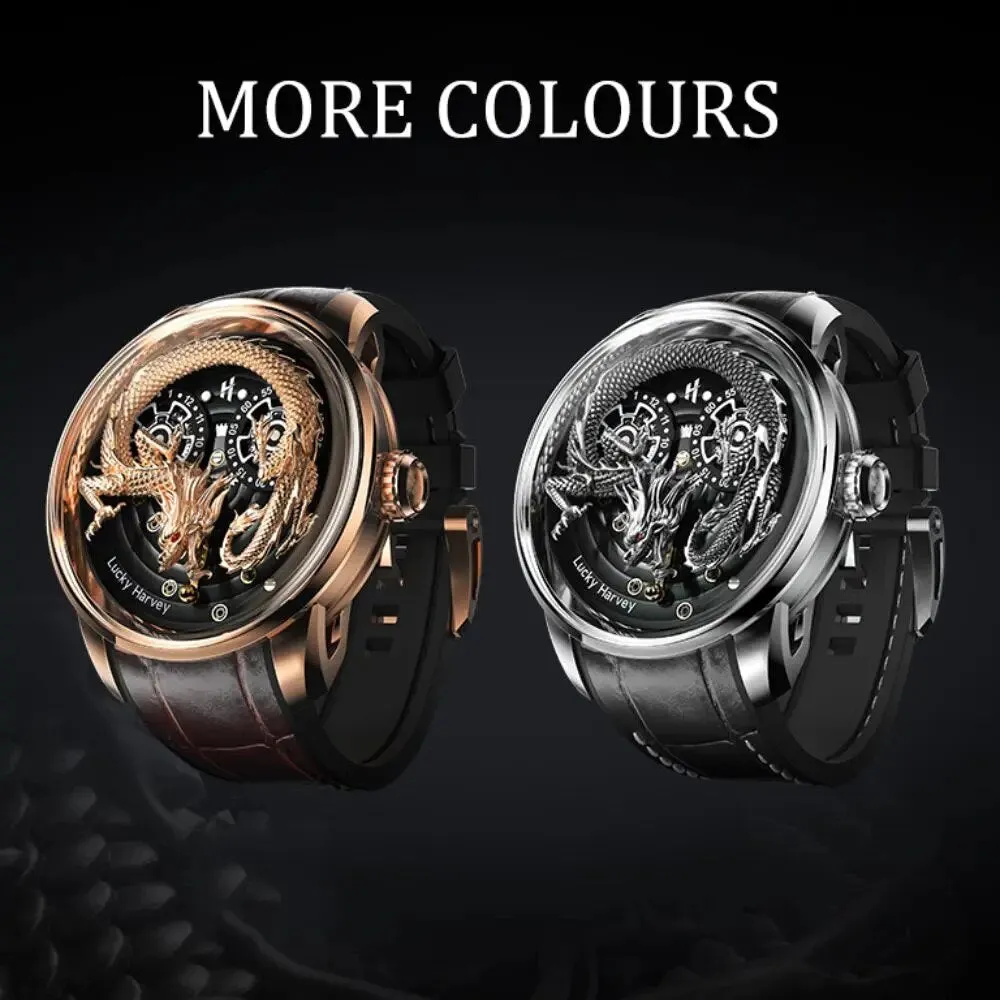 Men's Synthetic Sapphire 3D Engraving Dragon Dial Waterproof Wristwatch