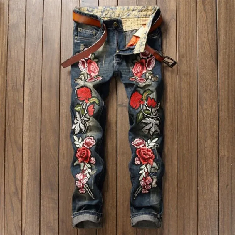 Men's Winter Retro Rose Embroidery Mid-Waist Straight-Leg Jeans Pants