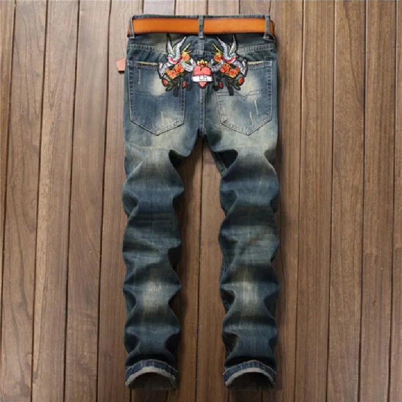 Men's Winter Retro Rose Embroidery Mid-Waist Straight-Leg Jeans Pants