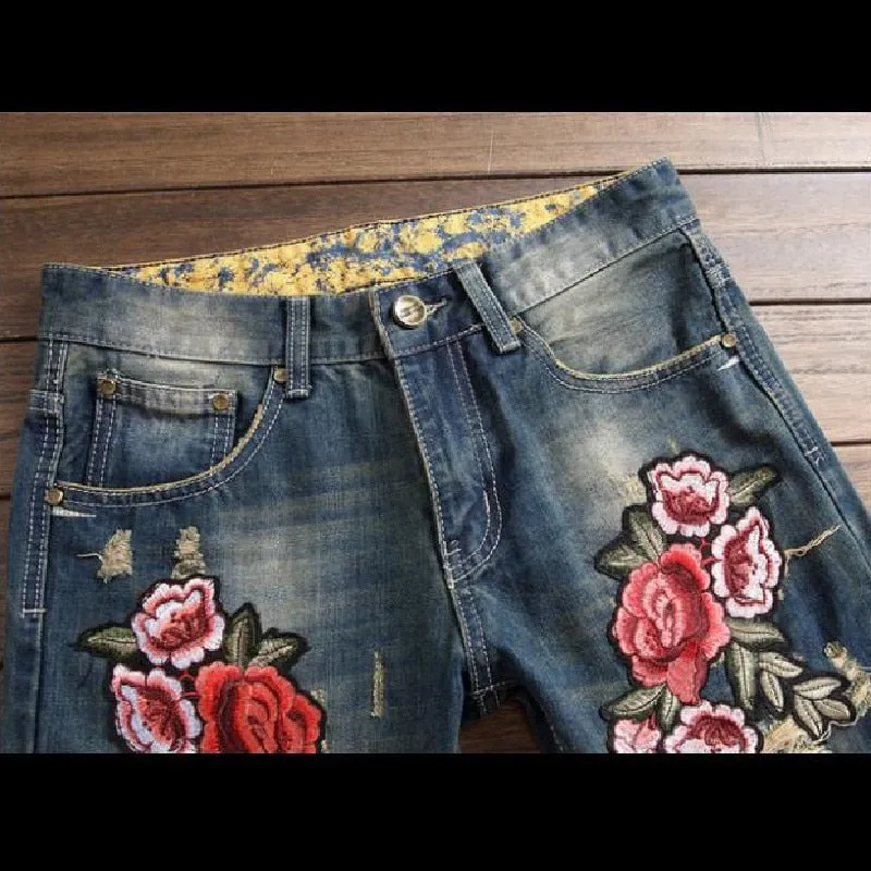 Men's Winter Retro Rose Embroidery Mid-Waist Straight-Leg Jeans Pants