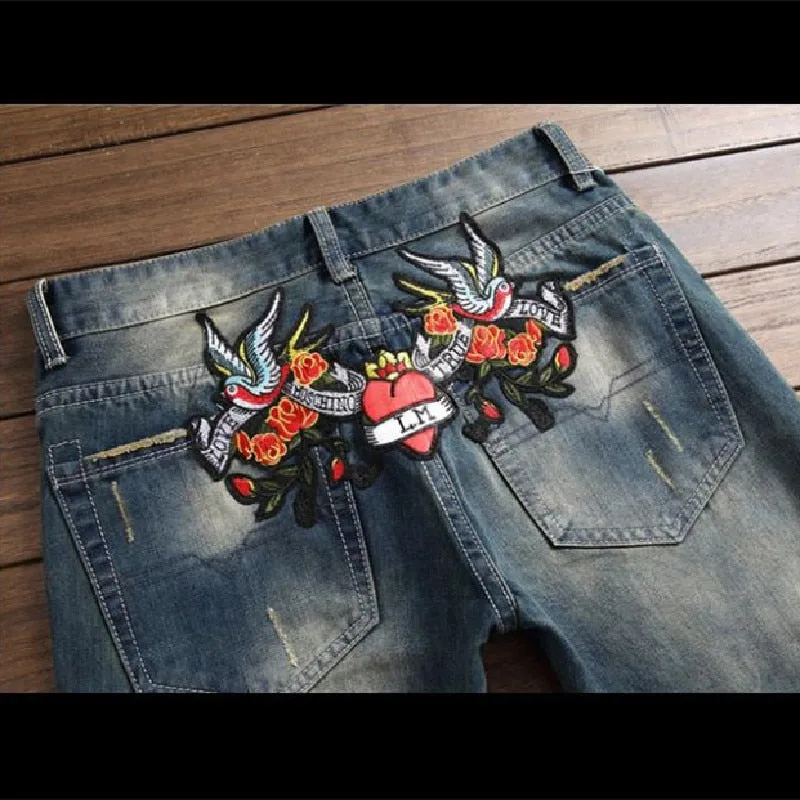 Men's Winter Retro Rose Embroidery Mid-Waist Straight-Leg Jeans Pants