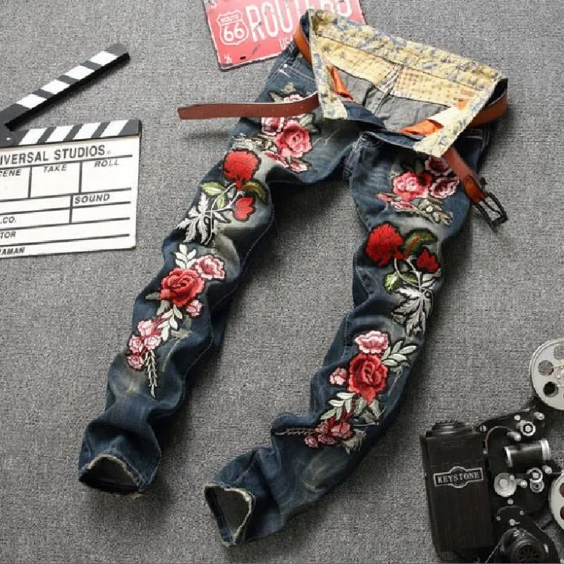 Men's Winter Retro Rose Embroidery Mid-Waist Straight-Leg Jeans Pants