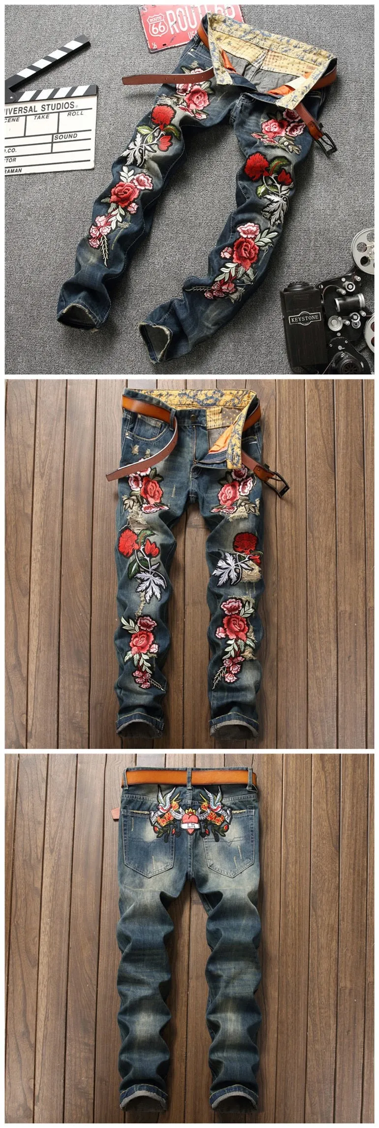 Men's Winter Retro Rose Embroidery Mid-Waist Straight-Leg Jeans Pants