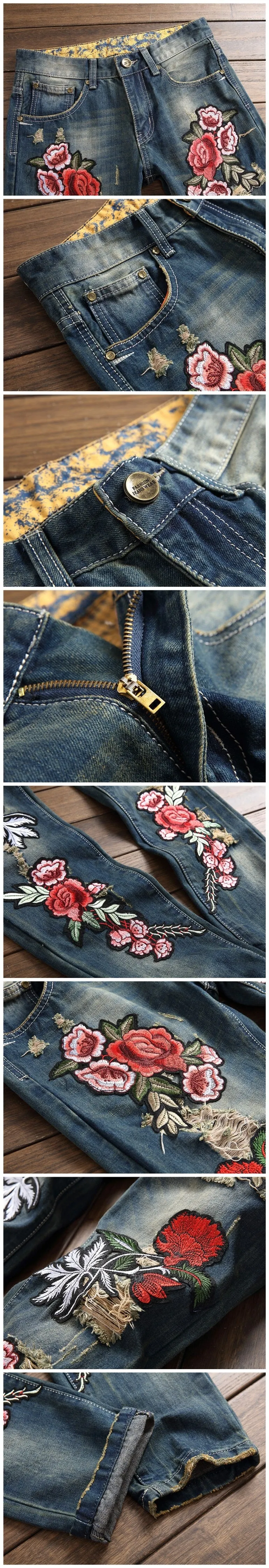 Men's Winter Retro Rose Embroidery Mid-Waist Straight-Leg Jeans Pants