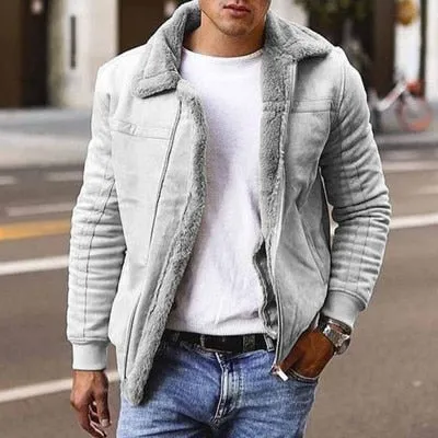 Men's Winter Warm Thick Fleece Fur Collar Solid Zipper Outdoor Jacket