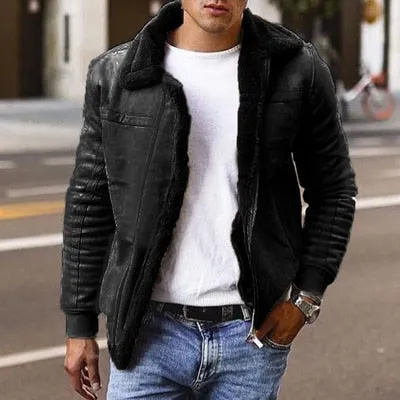 Men's Winter Warm Thick Fleece Fur Collar Solid Zipper Outdoor Jacket