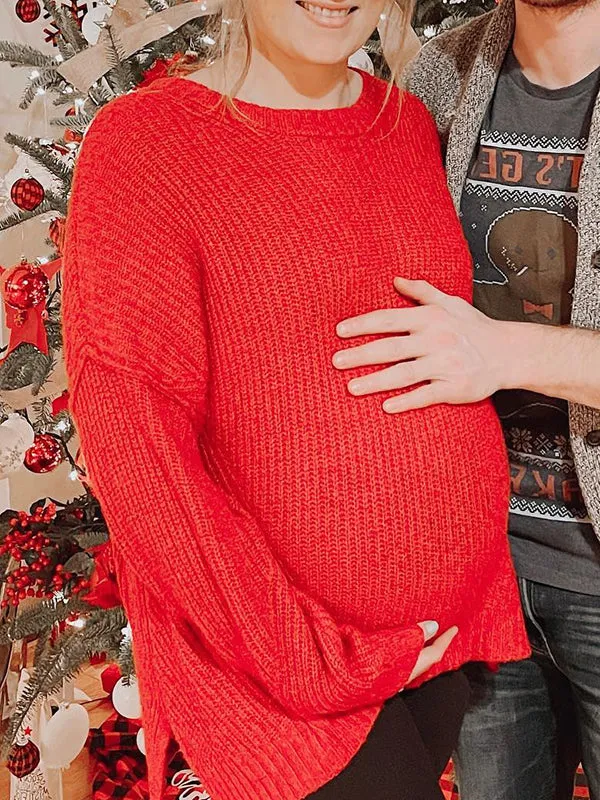 Momnfancy Red Knitting Long Sleeve Pullover Top Christmas Maternity Sweater