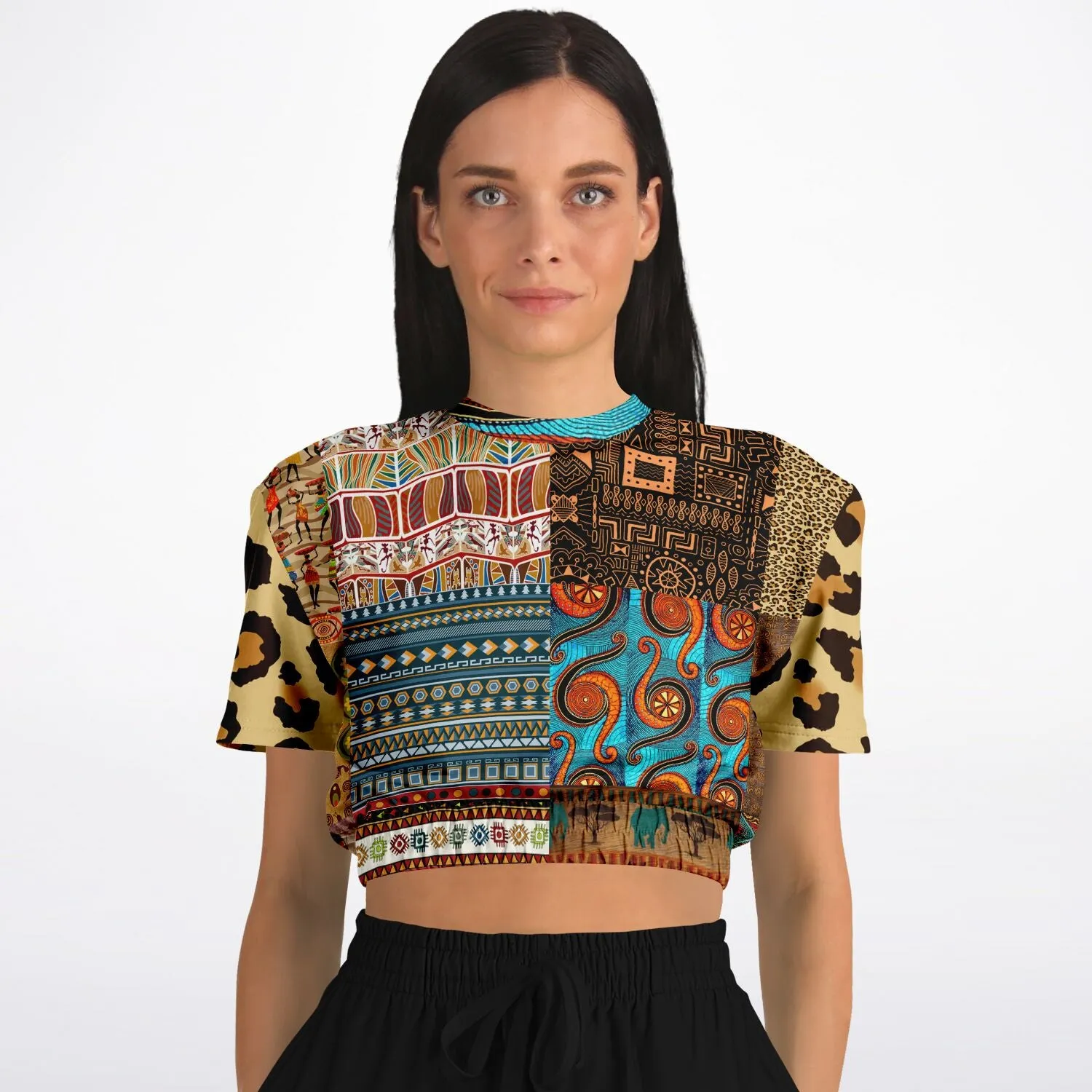 Mother Lode African Print Short Sleeve Cropped Eco-Poly Sweater