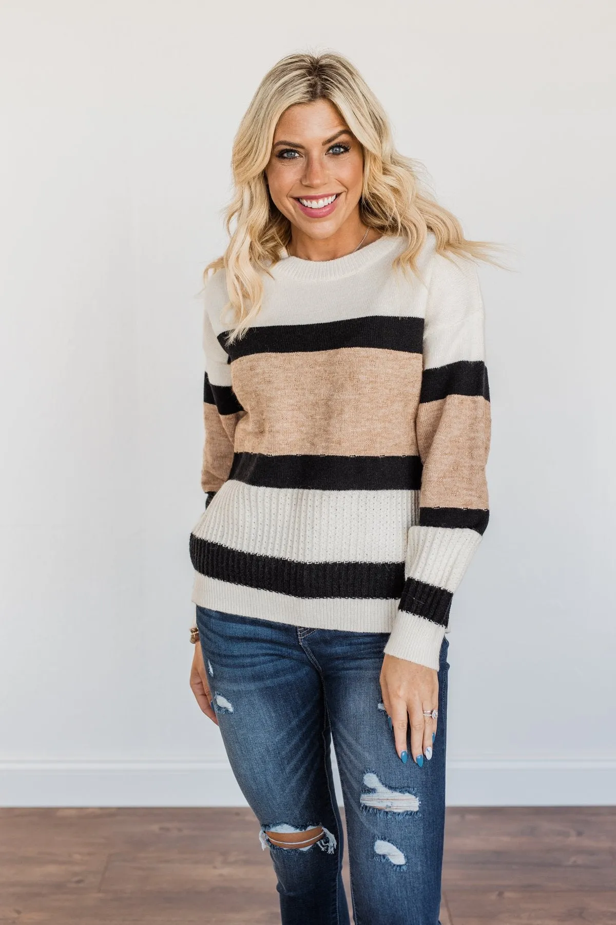 Pretty As A Picture Color Block Sweater- Ivory, Tan & Black