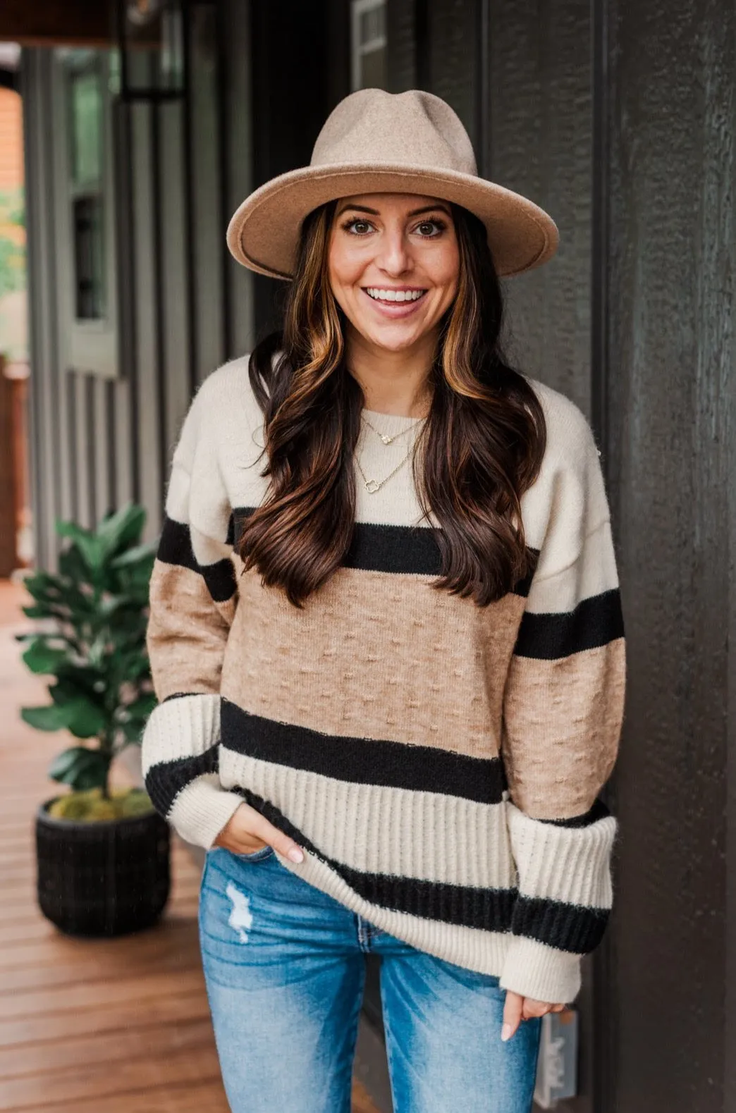 Pretty As A Picture Color Block Sweater- Ivory, Tan & Black