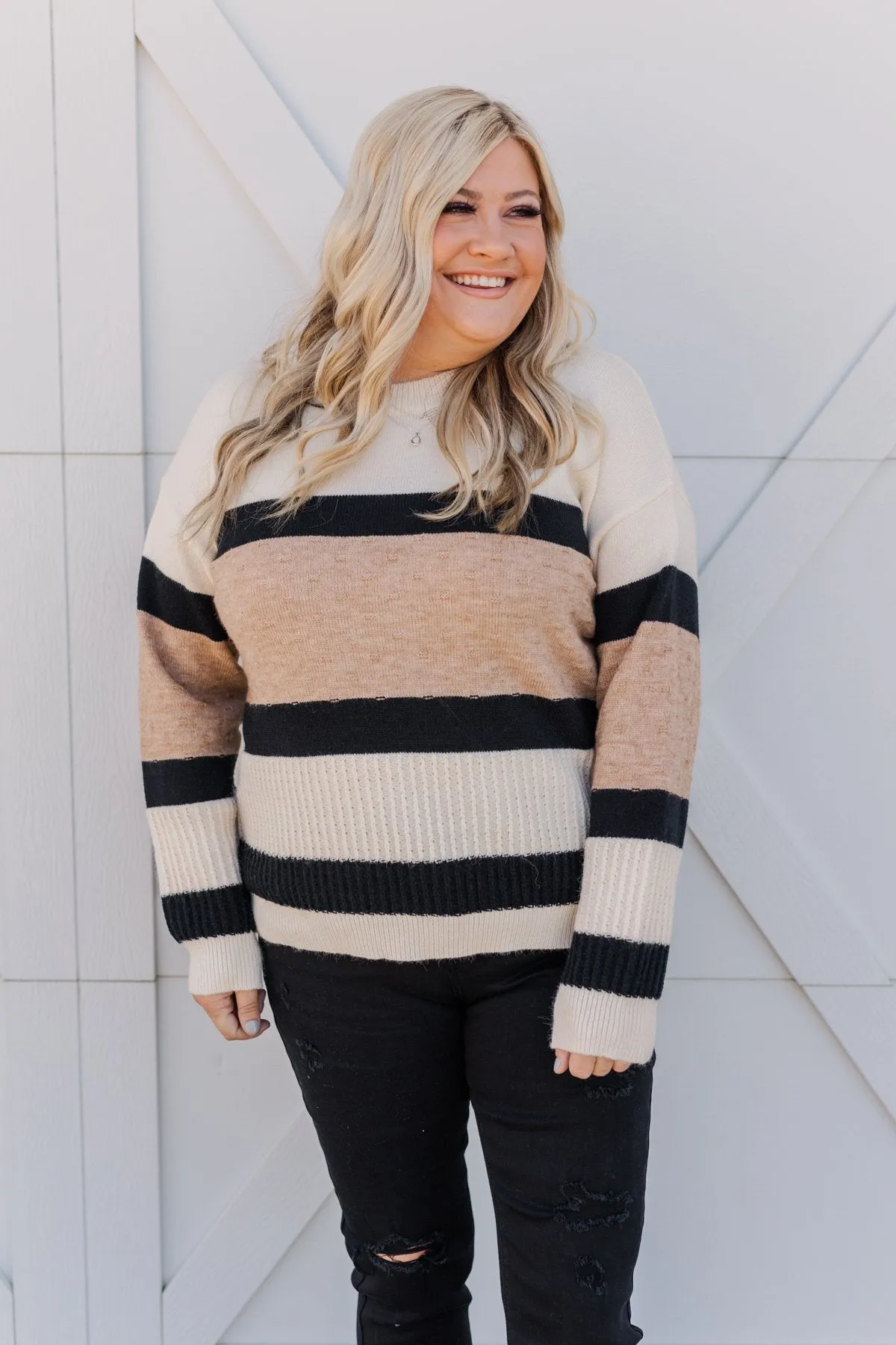 Pretty As A Picture Color Block Sweater- Ivory, Tan & Black