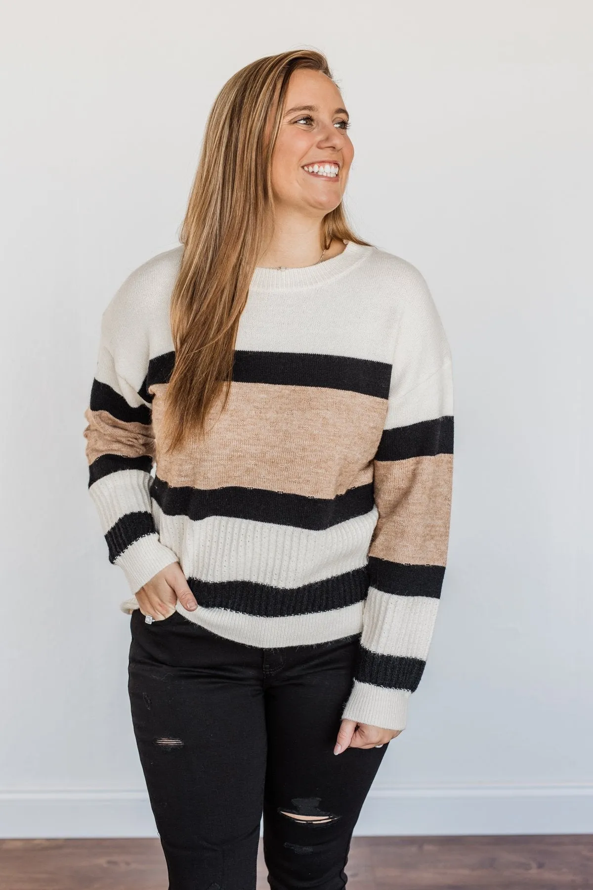 Pretty As A Picture Color Block Sweater- Ivory, Tan & Black