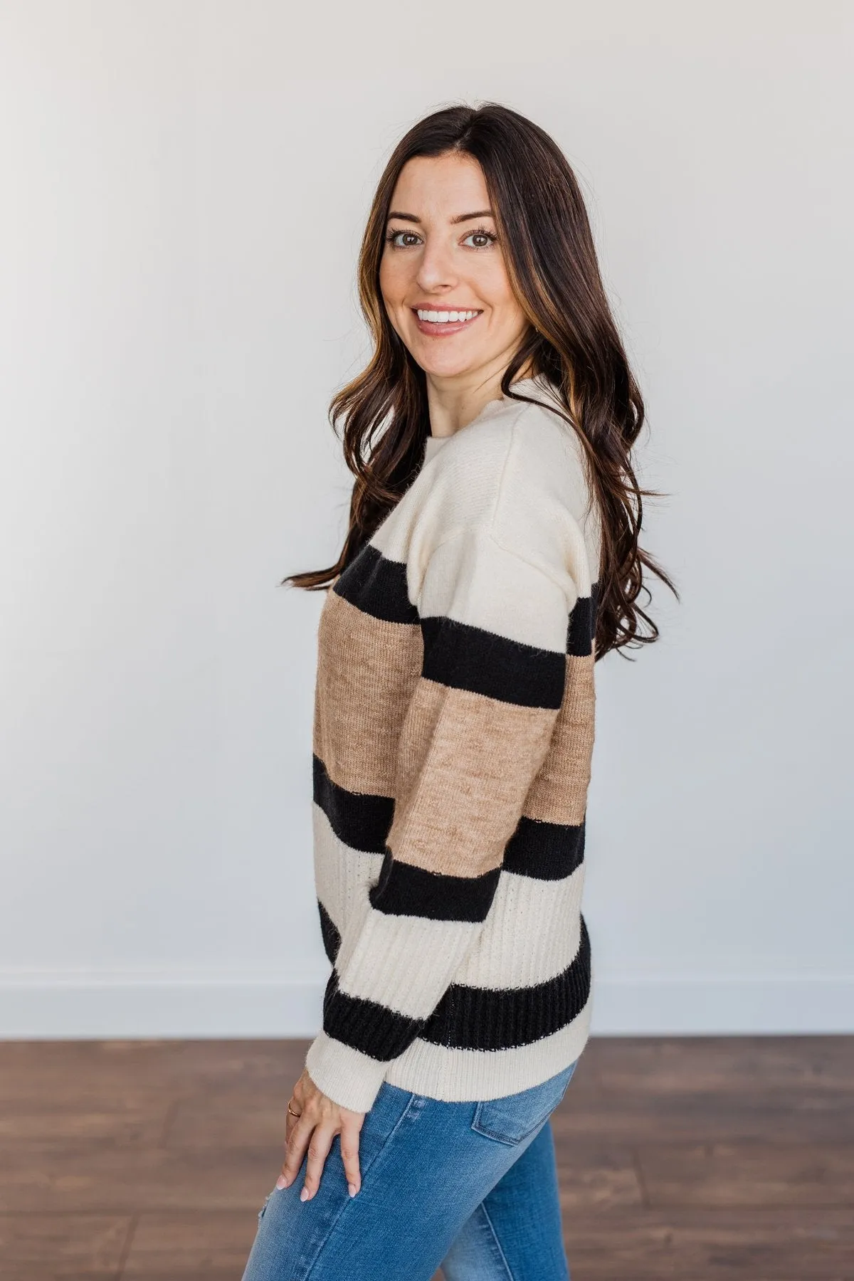 Pretty As A Picture Color Block Sweater- Ivory, Tan & Black