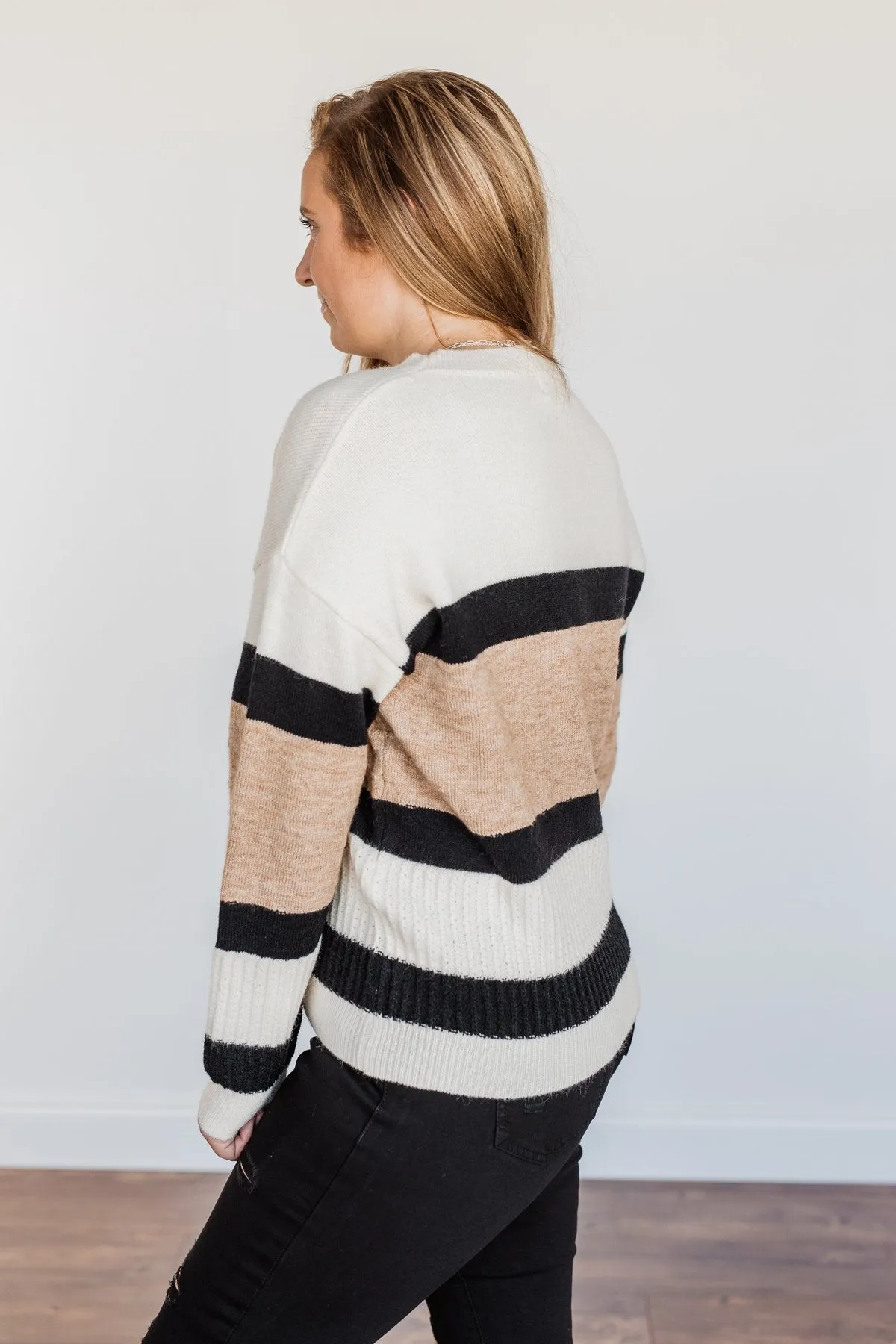 Pretty As A Picture Color Block Sweater- Ivory, Tan & Black