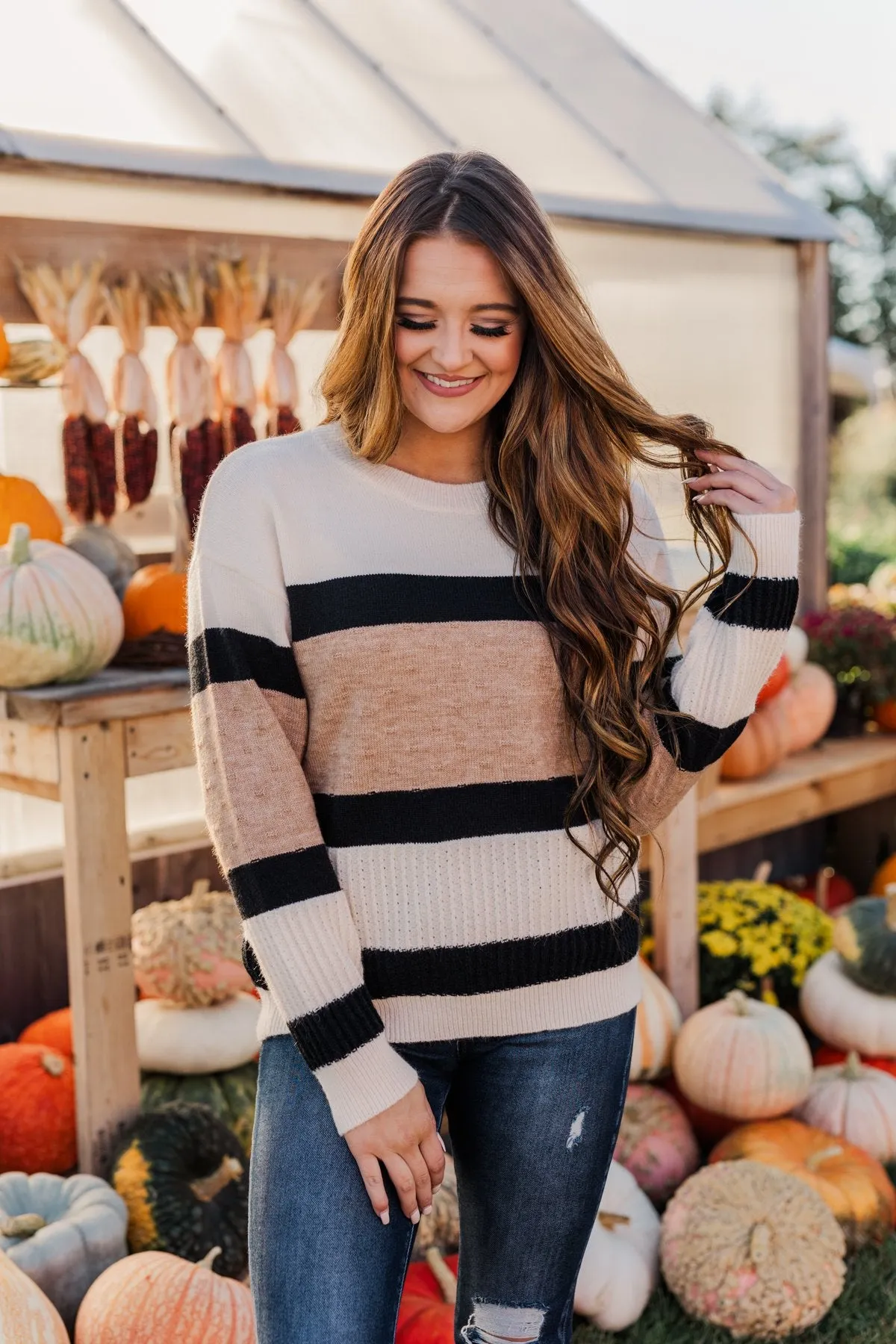 Pretty As A Picture Color Block Sweater- Ivory, Tan & Black