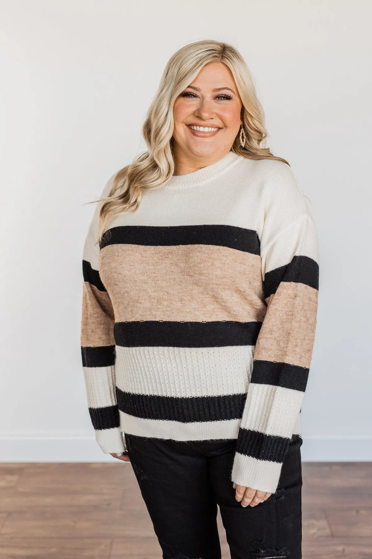 Pretty As A Picture Color Block Sweater- Ivory, Tan & Black