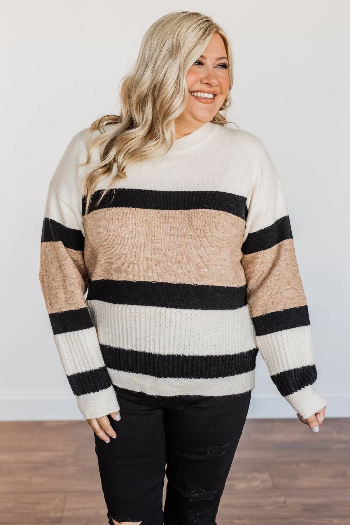 Pretty As A Picture Color Block Sweater- Ivory, Tan & Black