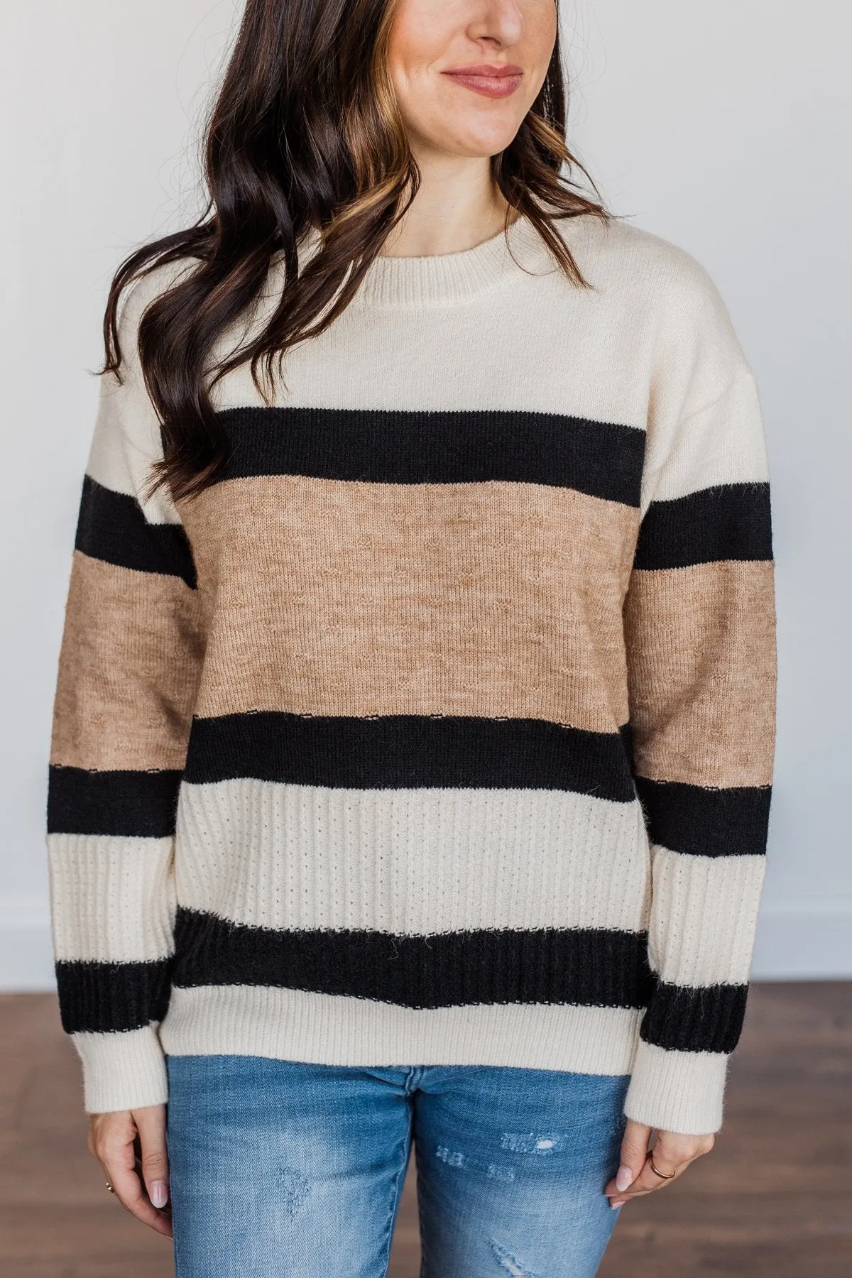 Pretty As A Picture Color Block Sweater- Ivory, Tan & Black