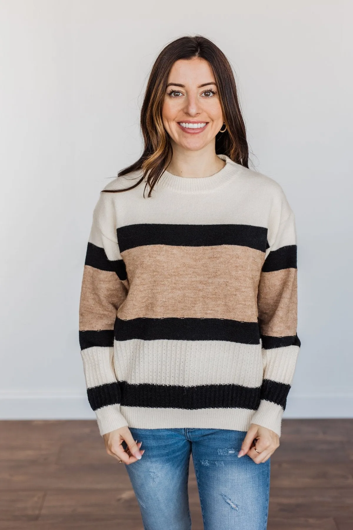 Pretty As A Picture Color Block Sweater- Ivory, Tan & Black