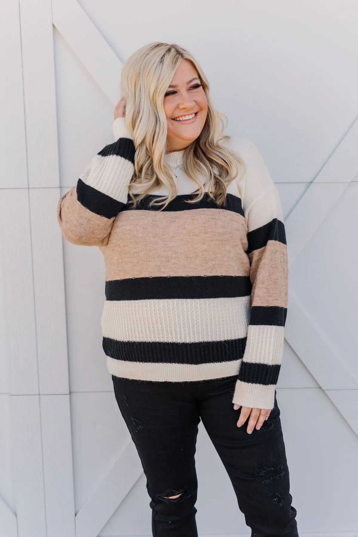 Pretty As A Picture Color Block Sweater- Ivory, Tan & Black