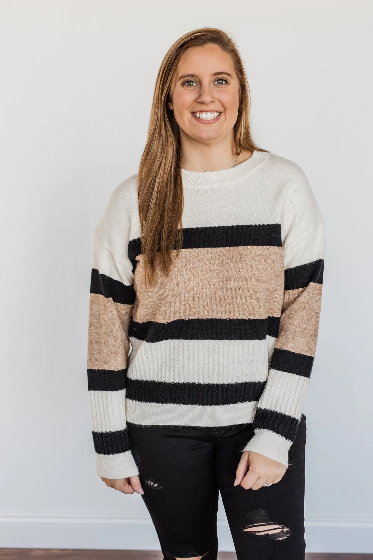 Pretty As A Picture Color Block Sweater- Ivory, Tan & Black