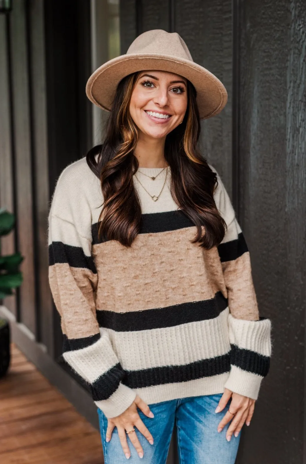 Pretty As A Picture Color Block Sweater- Ivory, Tan & Black