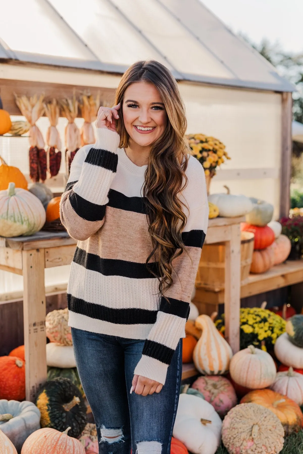 Pretty As A Picture Color Block Sweater- Ivory, Tan & Black