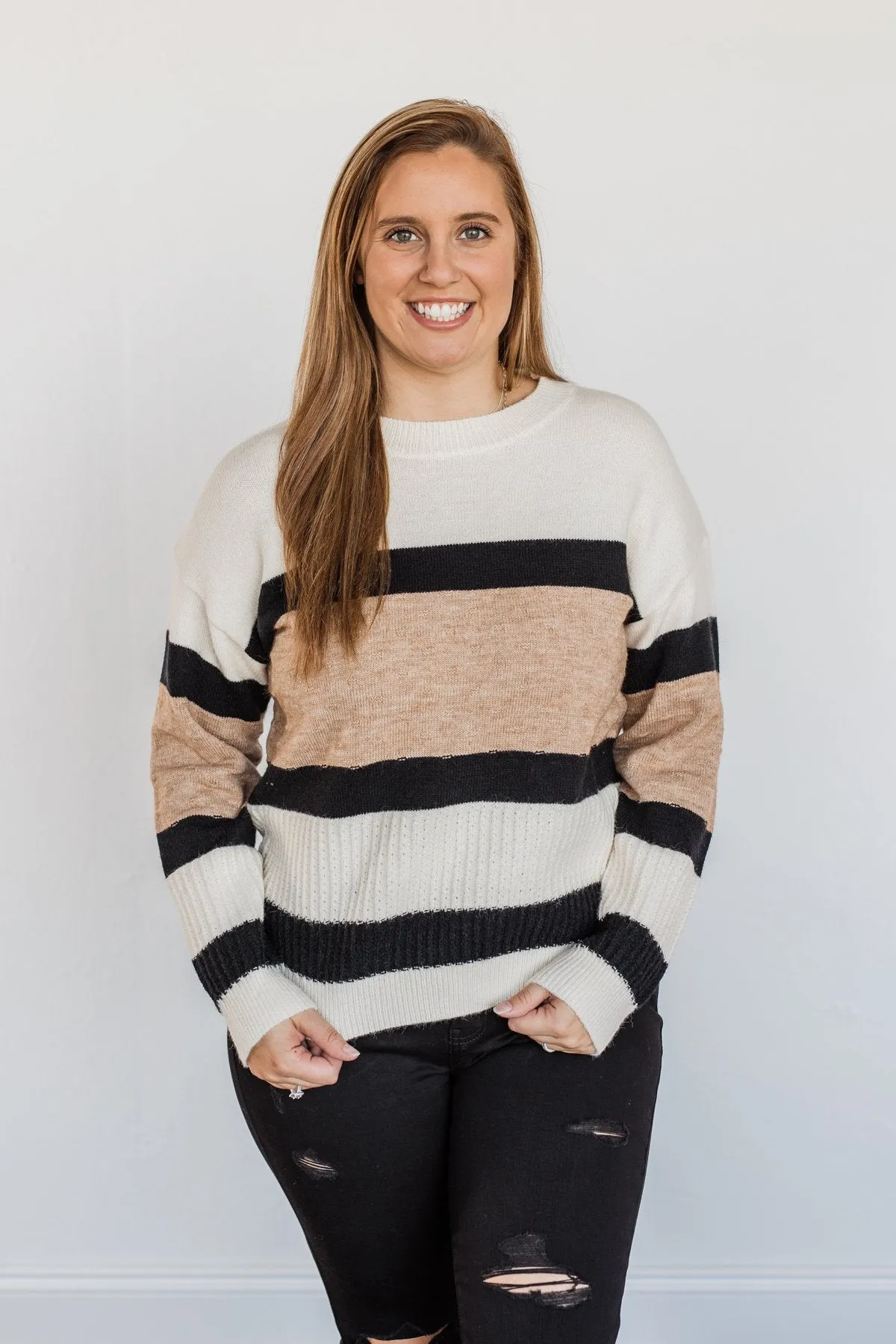 Pretty As A Picture Color Block Sweater- Ivory, Tan & Black