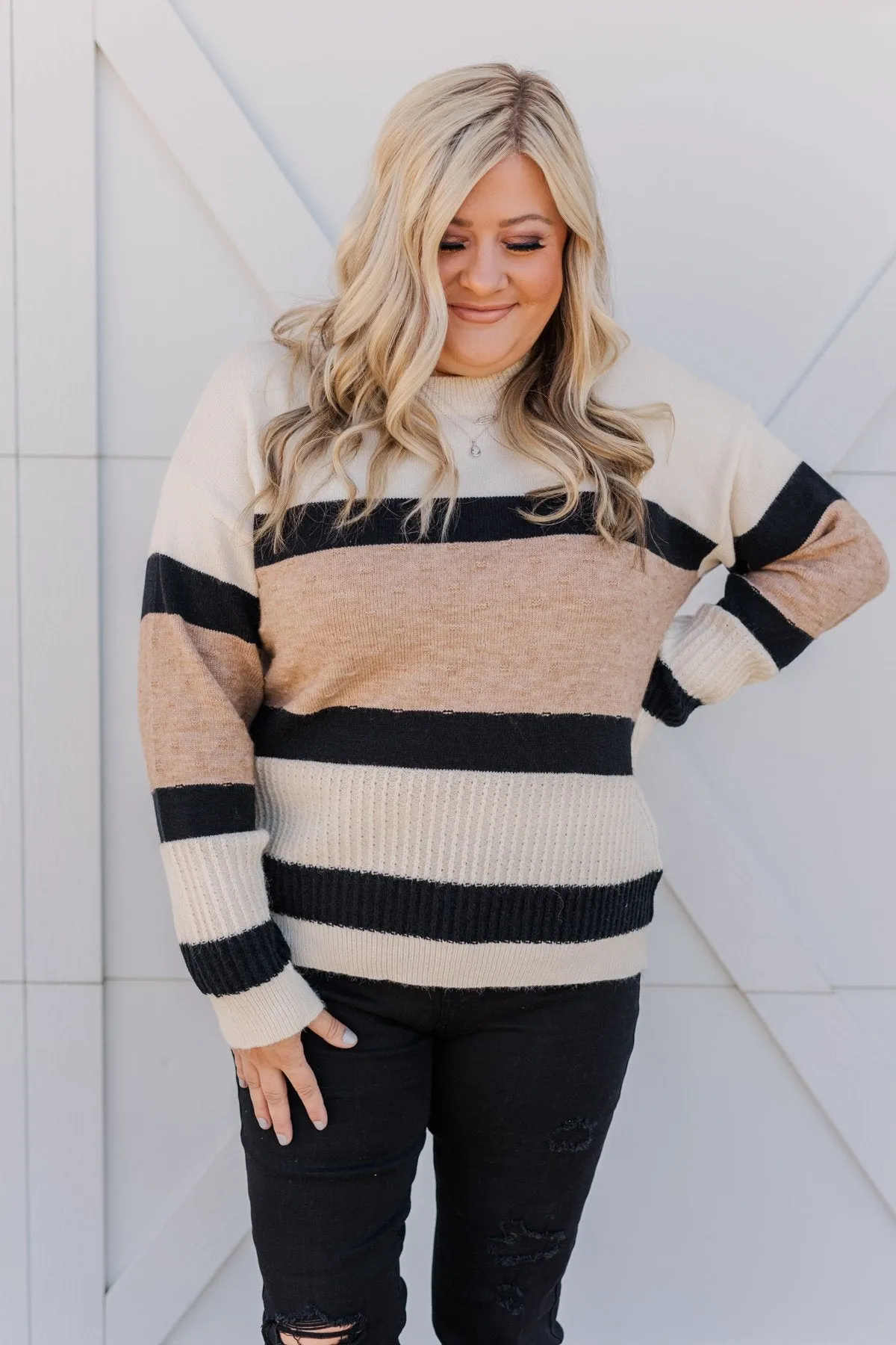 Pretty As A Picture Color Block Sweater- Ivory, Tan & Black