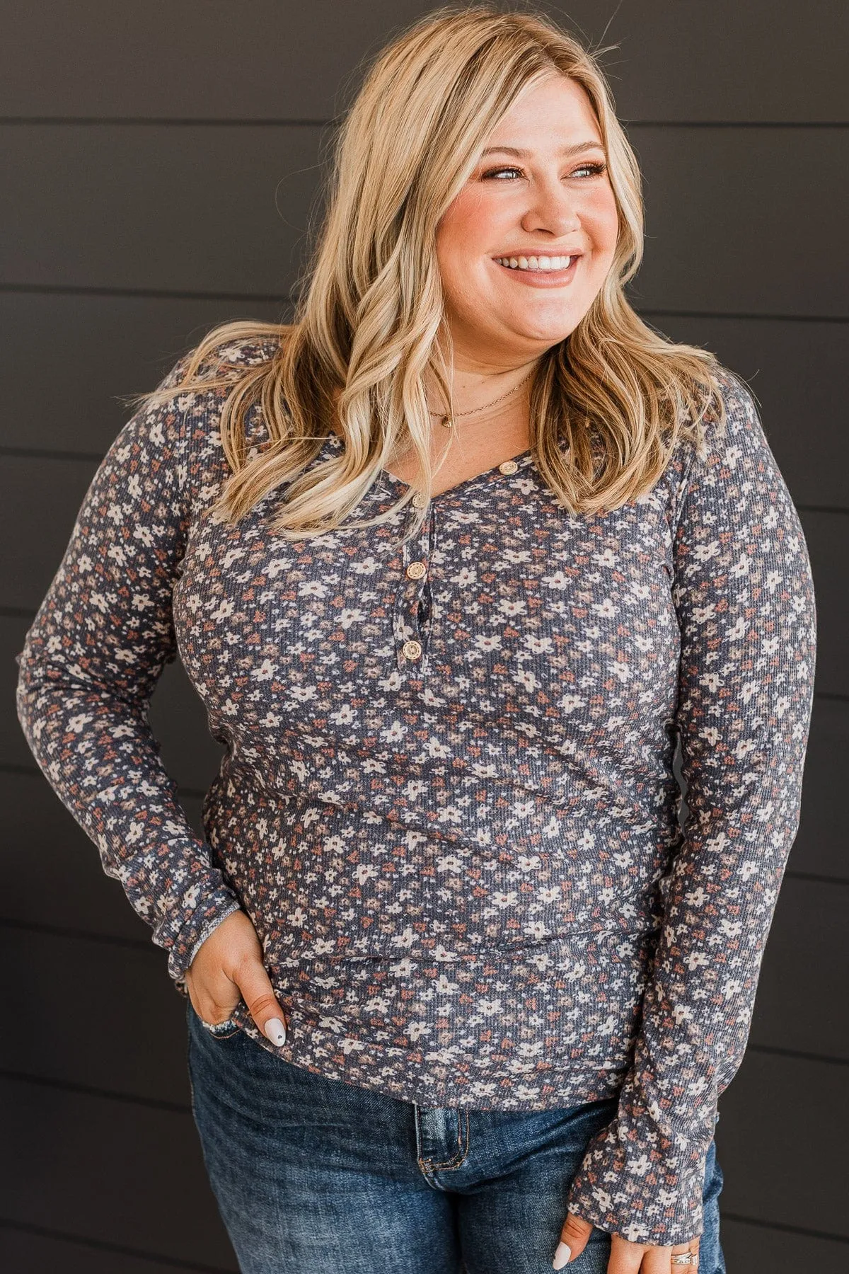 Try Your Luck Floral Top- Dusty Navy