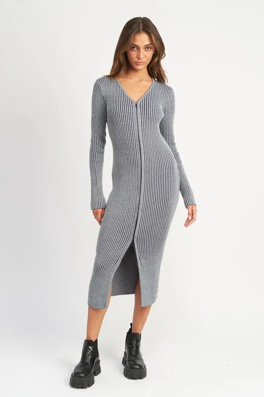 V-Neck Midi Ribbed Knit Dress With Two Way Zipper