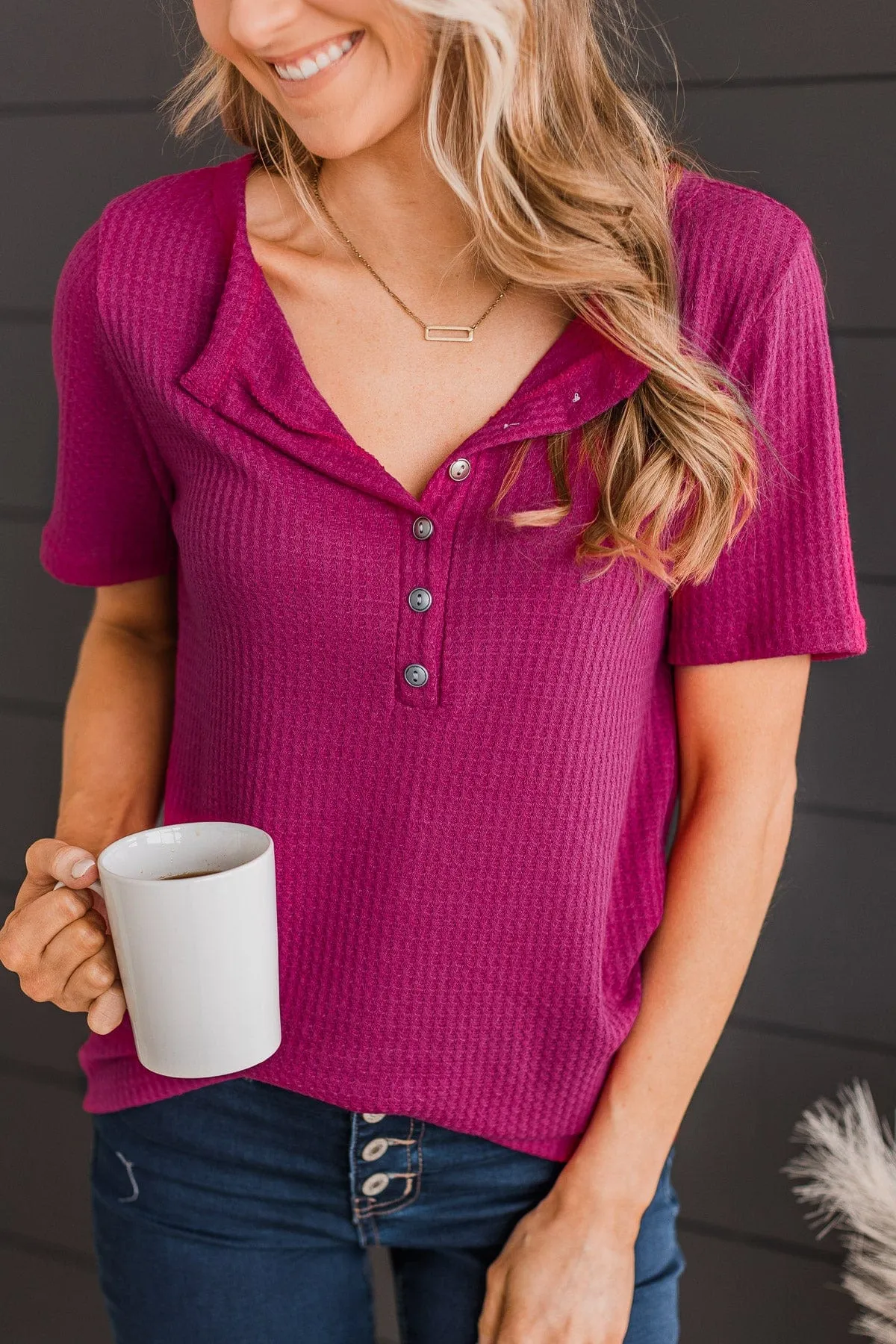 Vibrant Views Button Knit Top- Dark Fuchsia