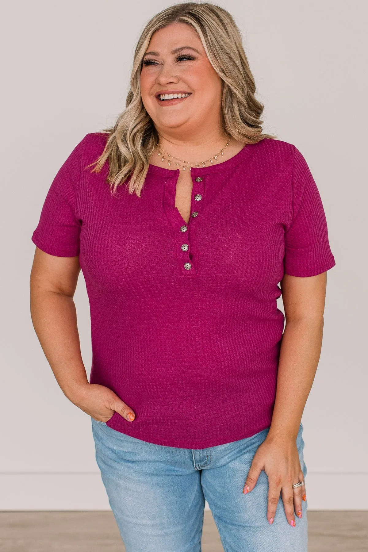 Vibrant Views Button Knit Top- Dark Fuchsia