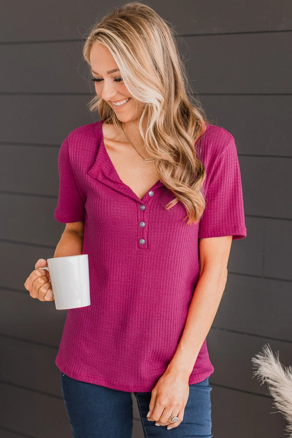 Vibrant Views Button Knit Top- Dark Fuchsia