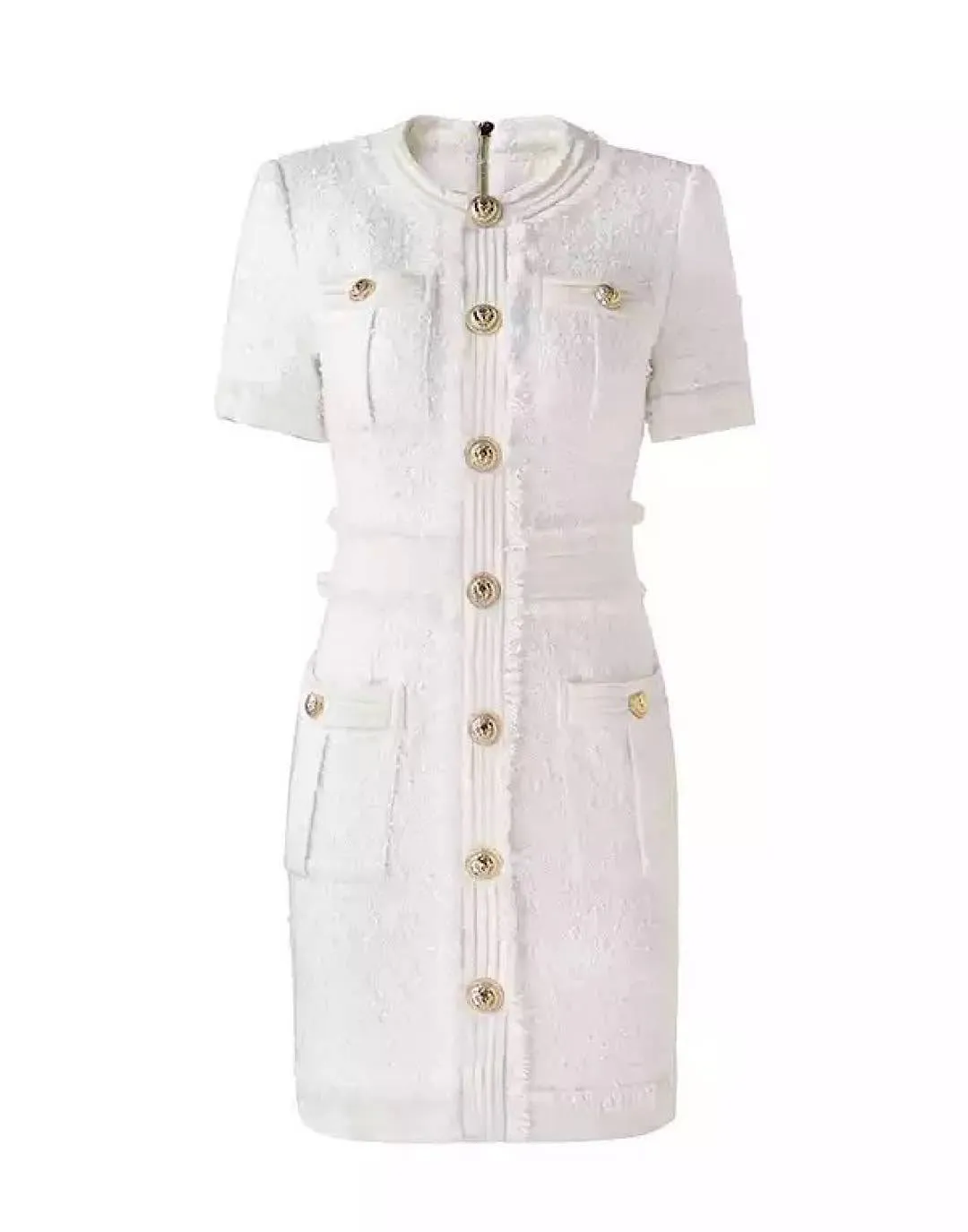 White Tweed Knit Gold Button Dress